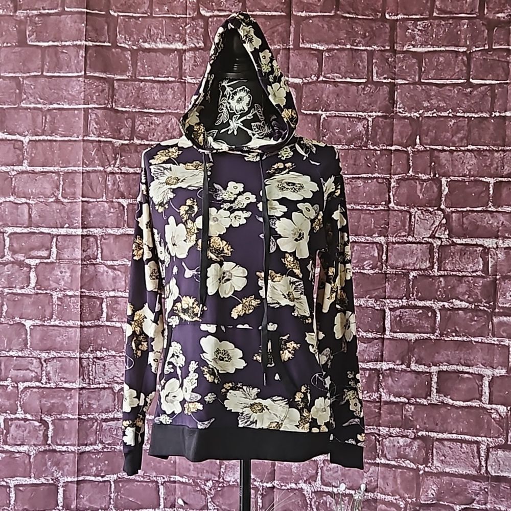 Lildy Super Soft Purple & Cream Floral Pullover Hoodie w/Front Pockets